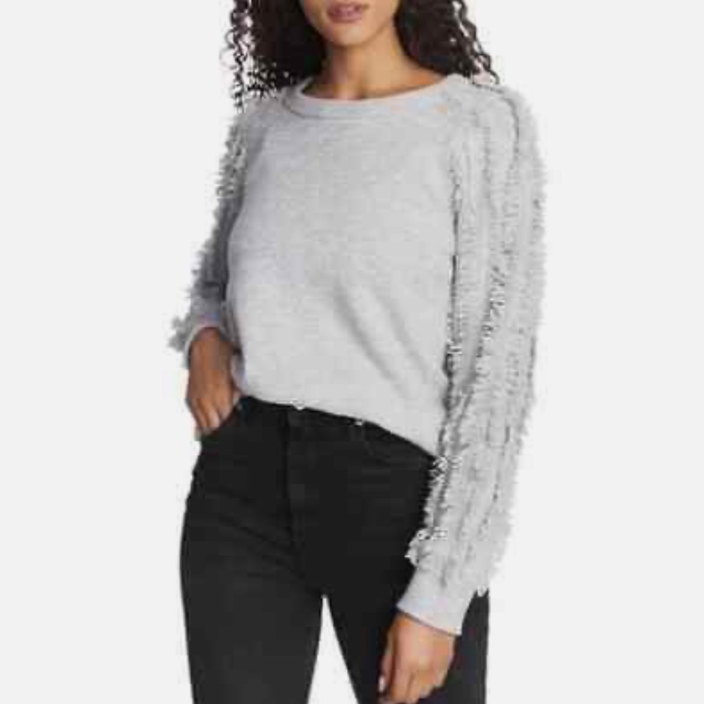 Cotton Bleu Women's Gray Crewneck Fringe Sleeve Knit‎ Sweater Size Small